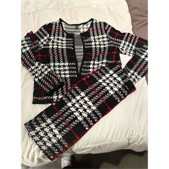 Two piece plaid open front jacket, casual contrast, trim. Pull on skirt with str - Picture 1 of 16